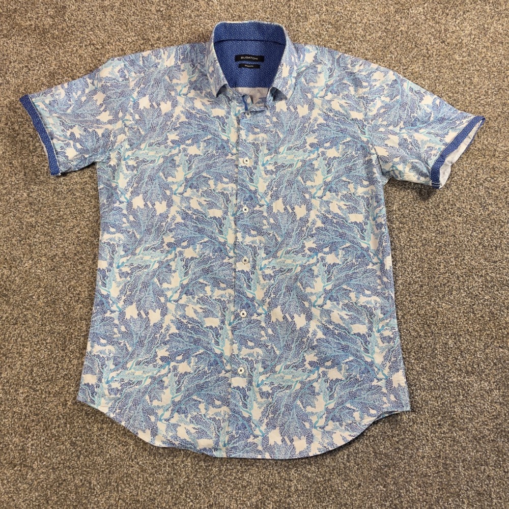 Bugatchi Mens M Short Sleeve ButtonUp Shirt Blue Tropical Coral Print Shaped Fit